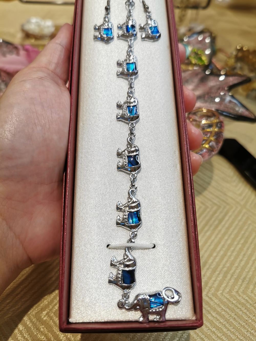 Silver-tone Elephant Bracelet and Earrings Set with Abalone Accents